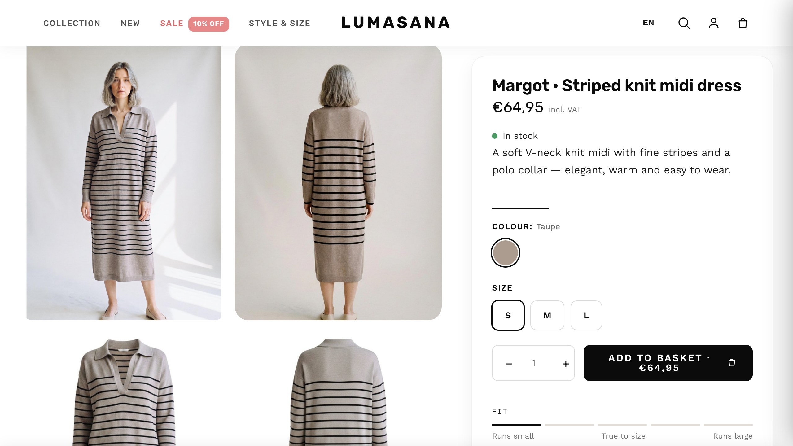 Lumasana productpagina met elegante productfotografie, maatadvies en fit-indicator