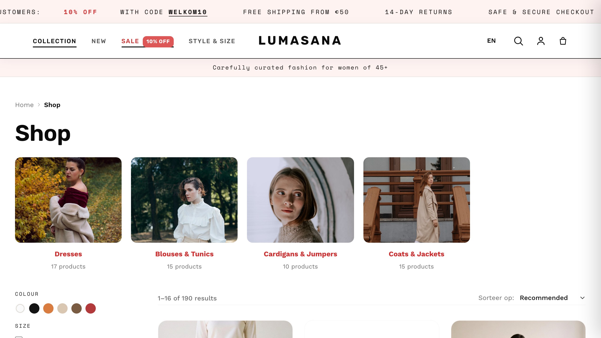 Lumasana shop-overzicht met productcategorieen en filters op kleur en maat