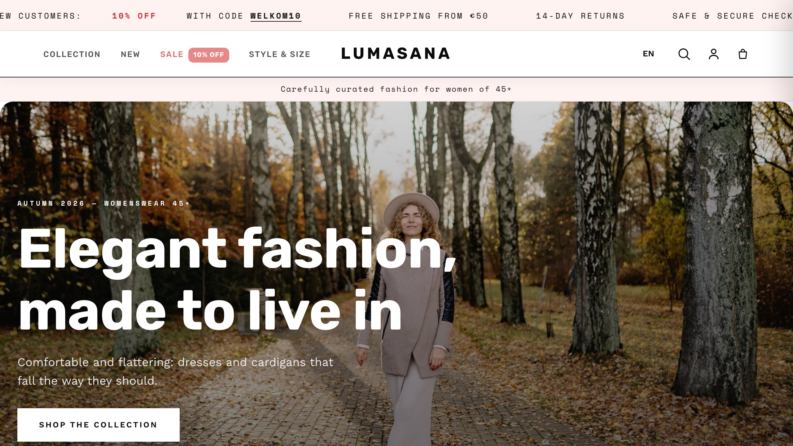 Homepage van lumasana.com — de door iReclam gebouwde damesmode webshop