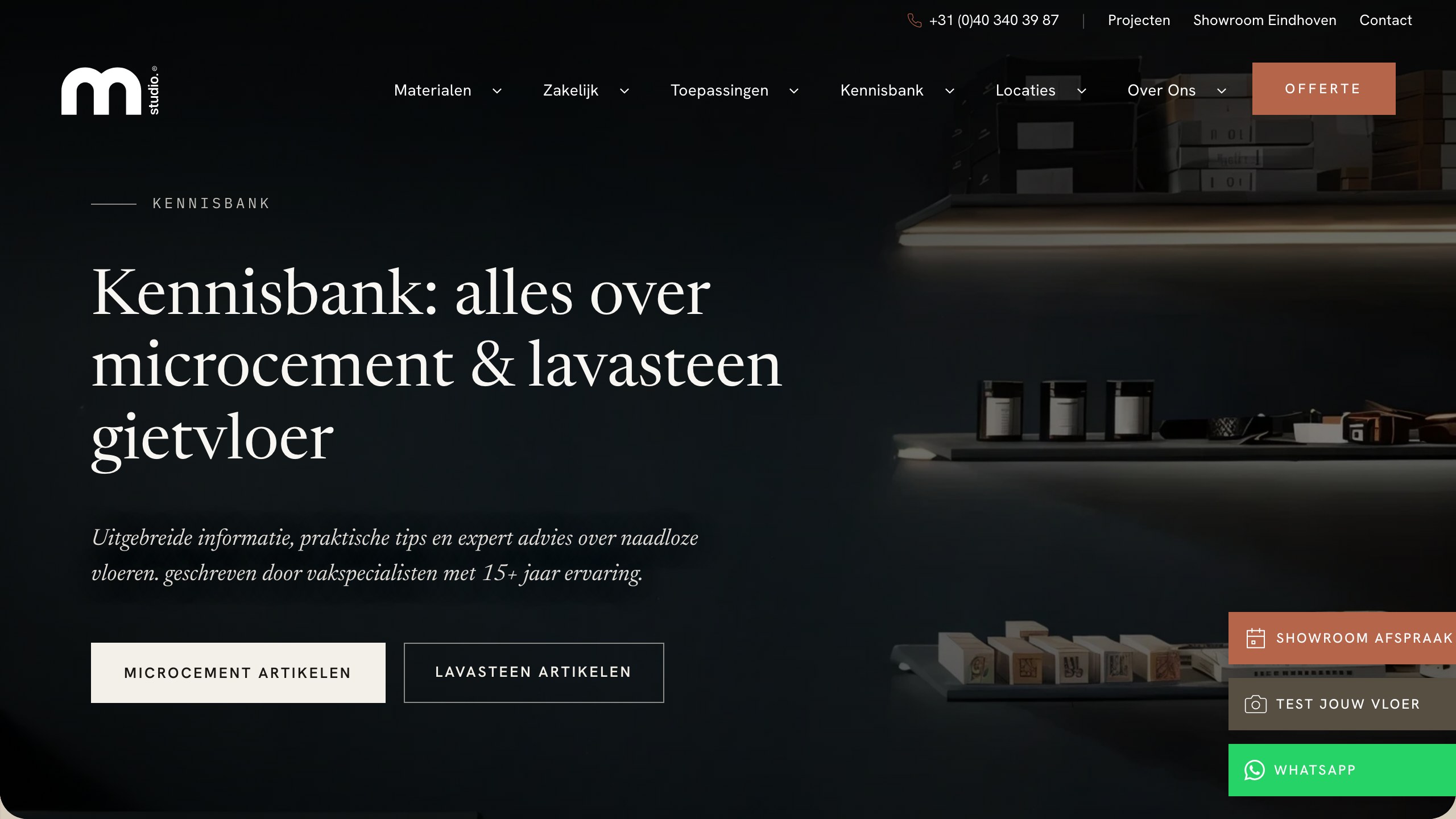 Kennisbank van Microcement Studio met pillar-structuur en expertartikelen