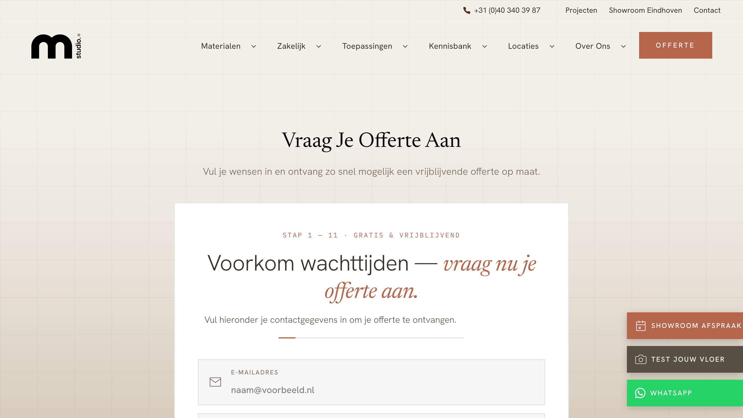 Offertewizard van Microcement Studio met 11 stappen voor een offerte op maat